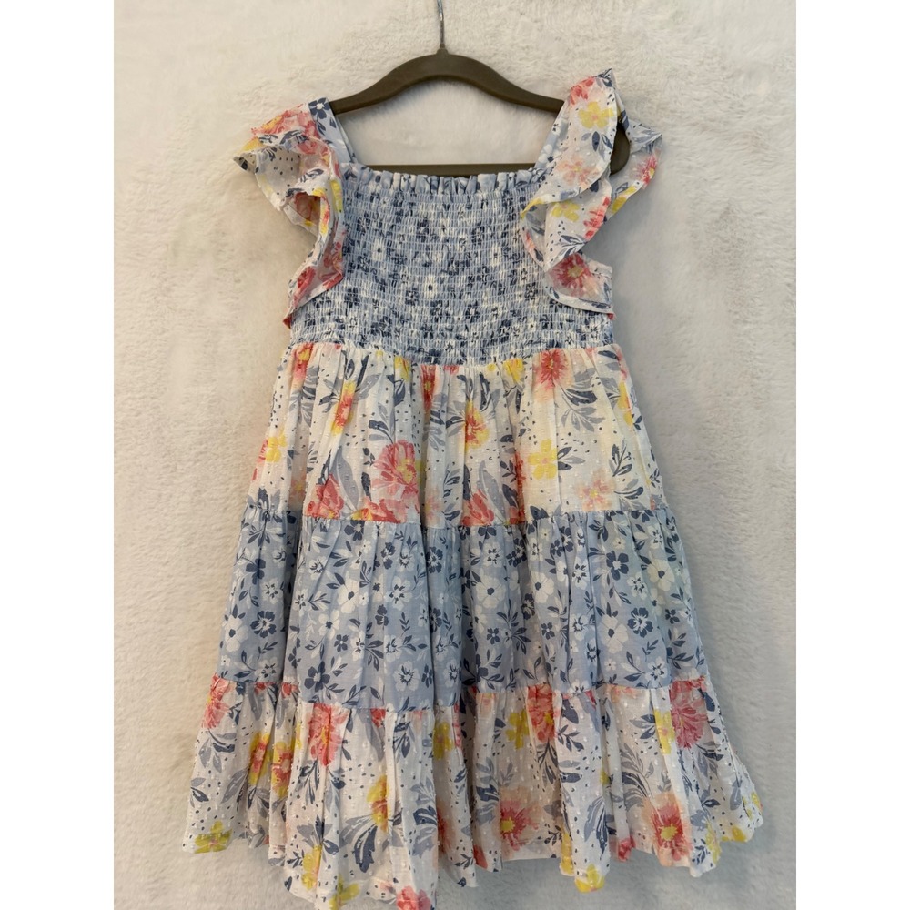 Haute Hippie Kids Floral Tiered Smocked Dress Girls Size 3T Flutter Sleeve Blue